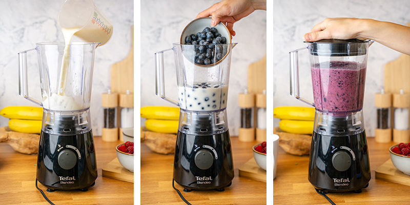 Gib die Milch in den Mixer und füge nach und nach Blaubeeren hinzu. Püriere, bis alles gut vermischt ist.