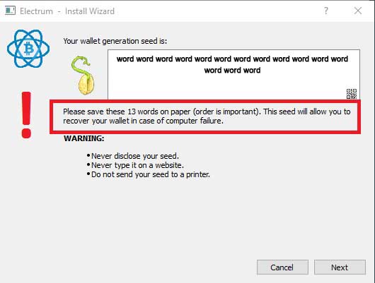 Bewahre das Wallet Generation Seed an einem sicheren Ort auf