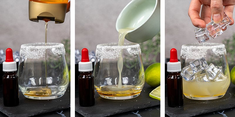 Combine syrup and lime juice into your salt-rimmed glass and stir to combine