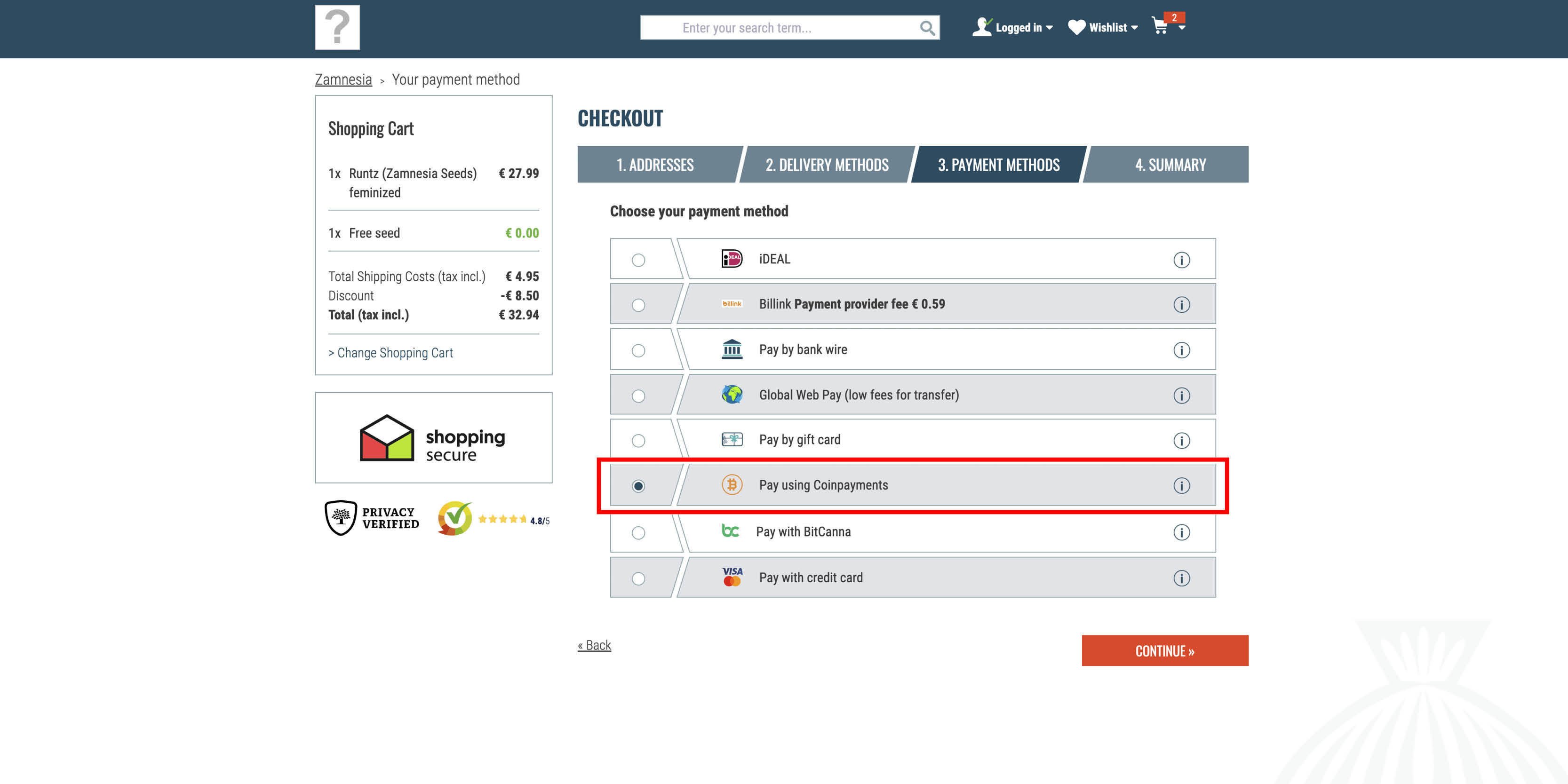 Select “Bitcoin” To Proceed With A Bitcoin Payment
