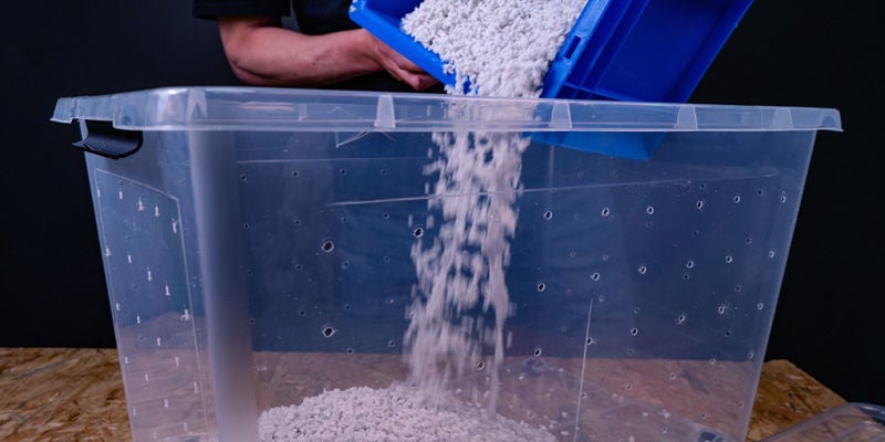 Fill the tub with perlite - Shotgun Fruiting Chamber For Mushrooms